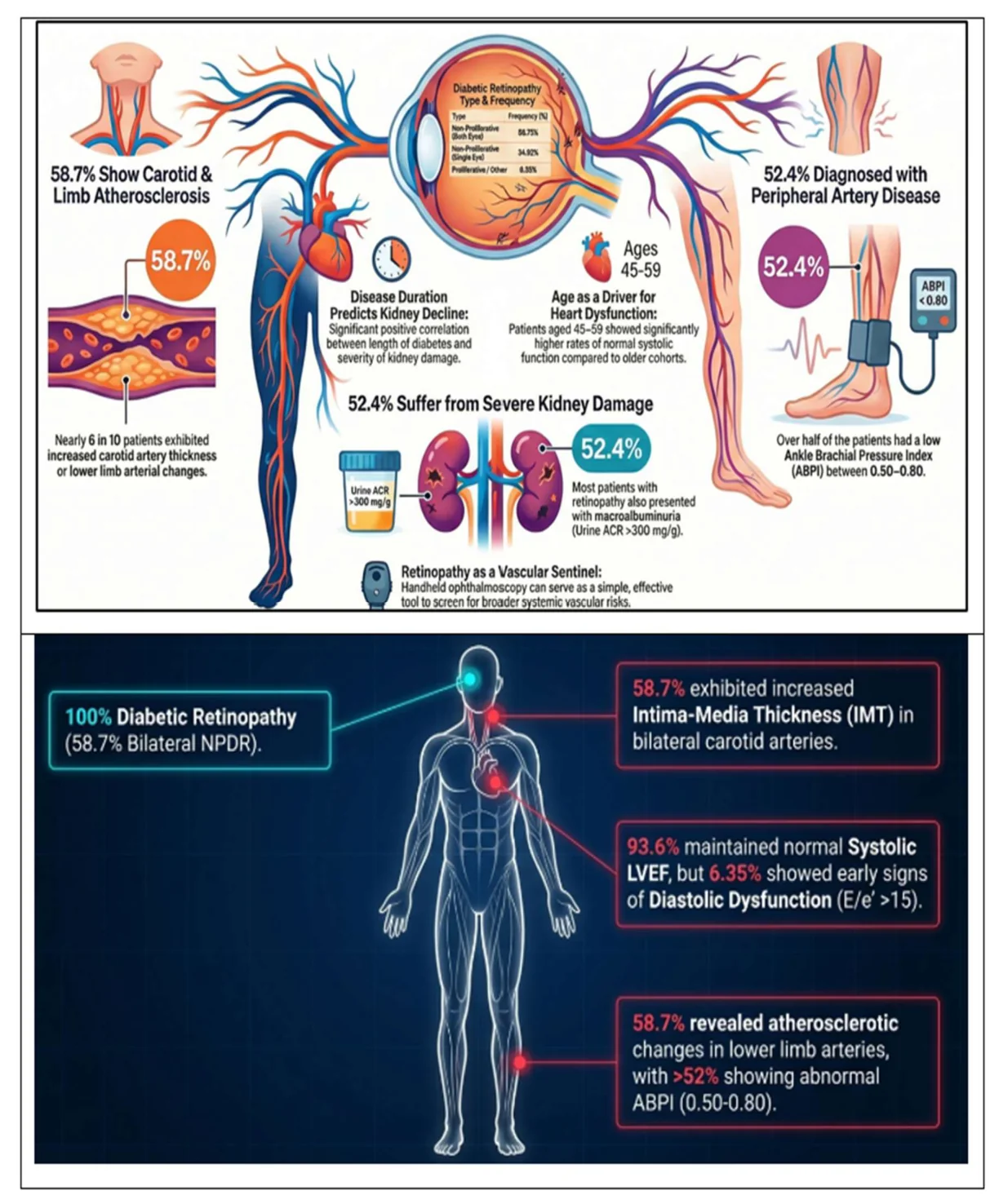 Two-panel infographic summarising the findings. The top panel shows 58.7% with carotid and limb atherosclerosis, 52.4% with peripheral artery disease (ABPI 0.50–0.80), and 52.4% with severe kidney damage (urine ACR above 300 mg/g), with notes that disease duration predicts kidney decline and that ages 45–59 had higher rates of normal systolic function. The bottom panel on a dark body outline shows 100% diabetic retinopathy (58.7% bilateral NPDR), 58.7% increased carotid intima-media thickness, 93.6% normal systolic LVEF with 6.35% early diastolic dysfunction (E/e’ above 15), and 58.7% lower limb atherosclerotic changes with over 52% abnormal ABPI.