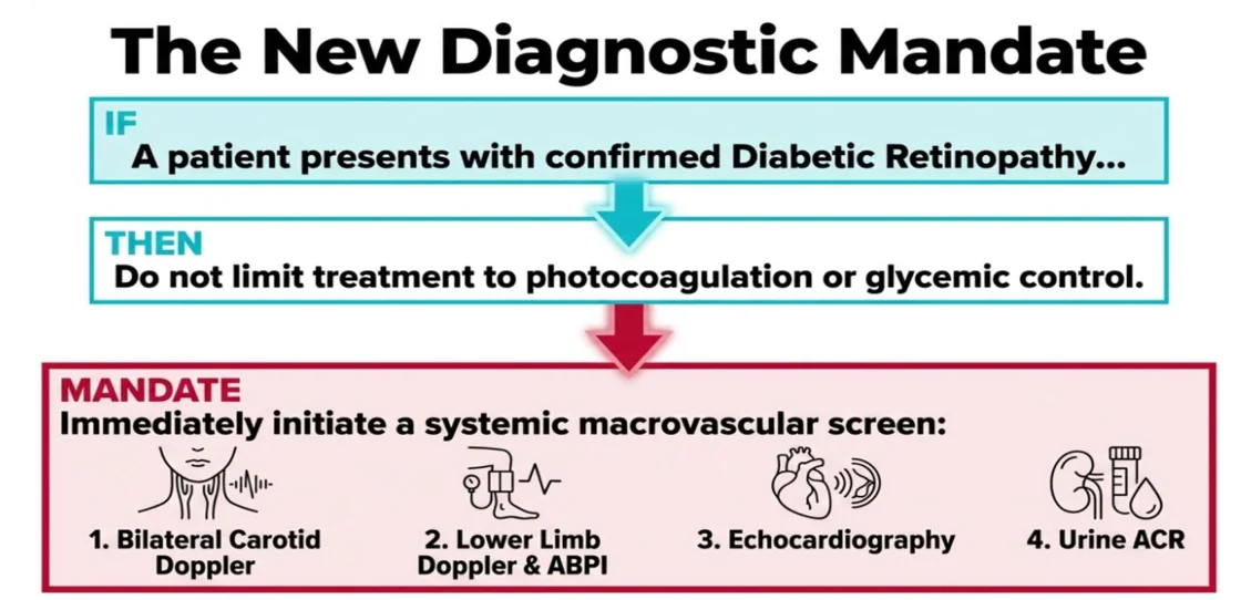 Flow diagram titled The New Diagnostic Mandate. IF a patient presents with confirmed diabetic retinopathy, THEN do not limit treatment to photocoagulation or glycemic control; MANDATE: immediately initiate a systemic macrovascular screen consisting of 1. bilateral carotid Doppler, 2. lower limb Doppler and ABPI, 3. echocardiography, 4. urine ACR.